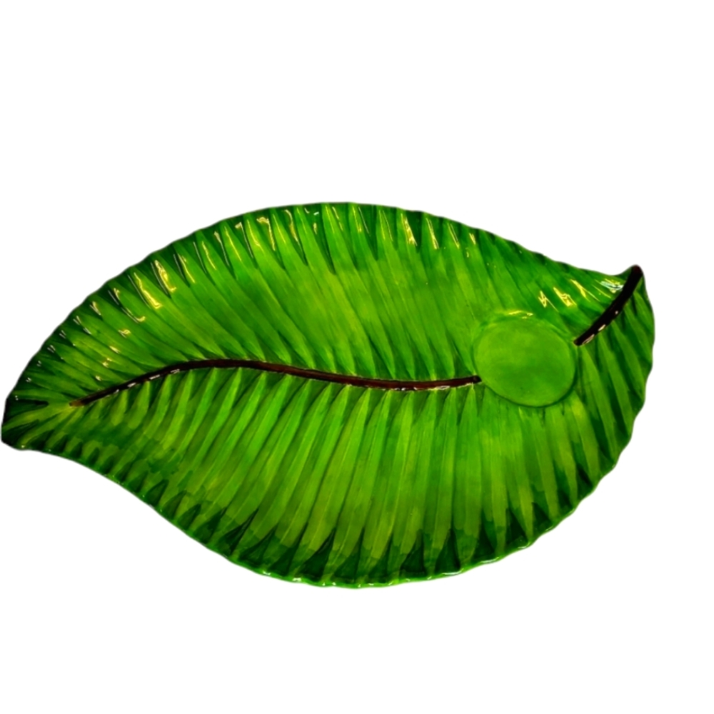 Certified International Ceramic Green Palm Leaf Platter Tropical Tray 13"